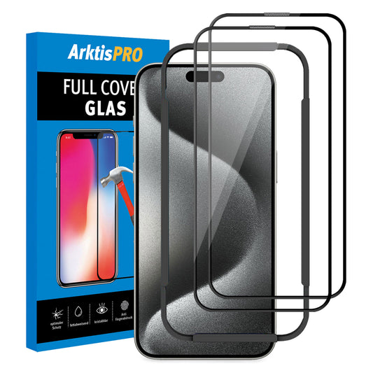 ArktisPRO iPhone 15 Pro FULL COVER Displayschutz GLAS - hüllenfreundlich - 2er Set