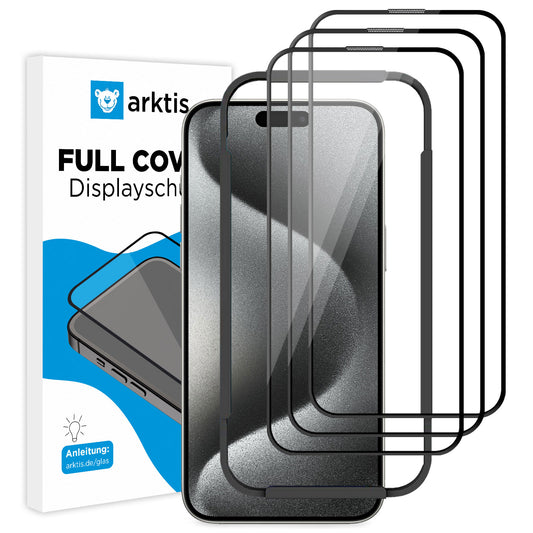 Eine Schachtel mit der Aufschrift „ArktisPRO iPhone 15 Pro Max FULL COVER Displayschutz GLAS (3er Set)“ befindet sich neben einem Telefon mit seinem hüllenfreundlichen 9H-Displayschutz, und zwei weitere Schutzfolien aus dem ArktisPRO-Set sind vor dem Gerät angeordnet.