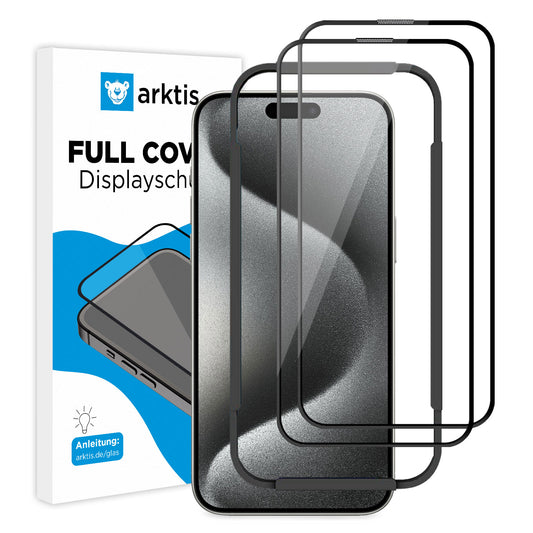 Zwei ArktisPRO iPhone 15 Pro Max FULL COVER-Displayschutzfolien (2er-Pack) werden neben einem Telefon und einer blau-weißen Box gezeigt, die ihre oleophobe Beschichtung und ihr kratzfestes Design hervorheben, mit abgebildetem Gerät und Website-Link.