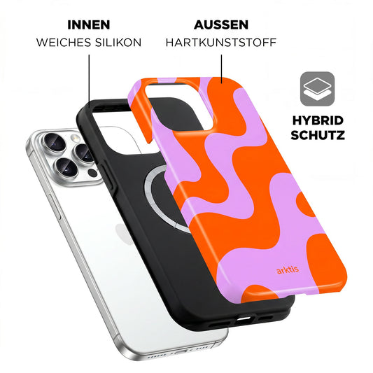 Explosionszeichnung der arktis iPhone 14 Pro Max Hülle - Knokke Queen, mit stoßabsorbierender TPU-Silikon-Innenhülle und vibrierender Hartschale für hybriden Schutz.