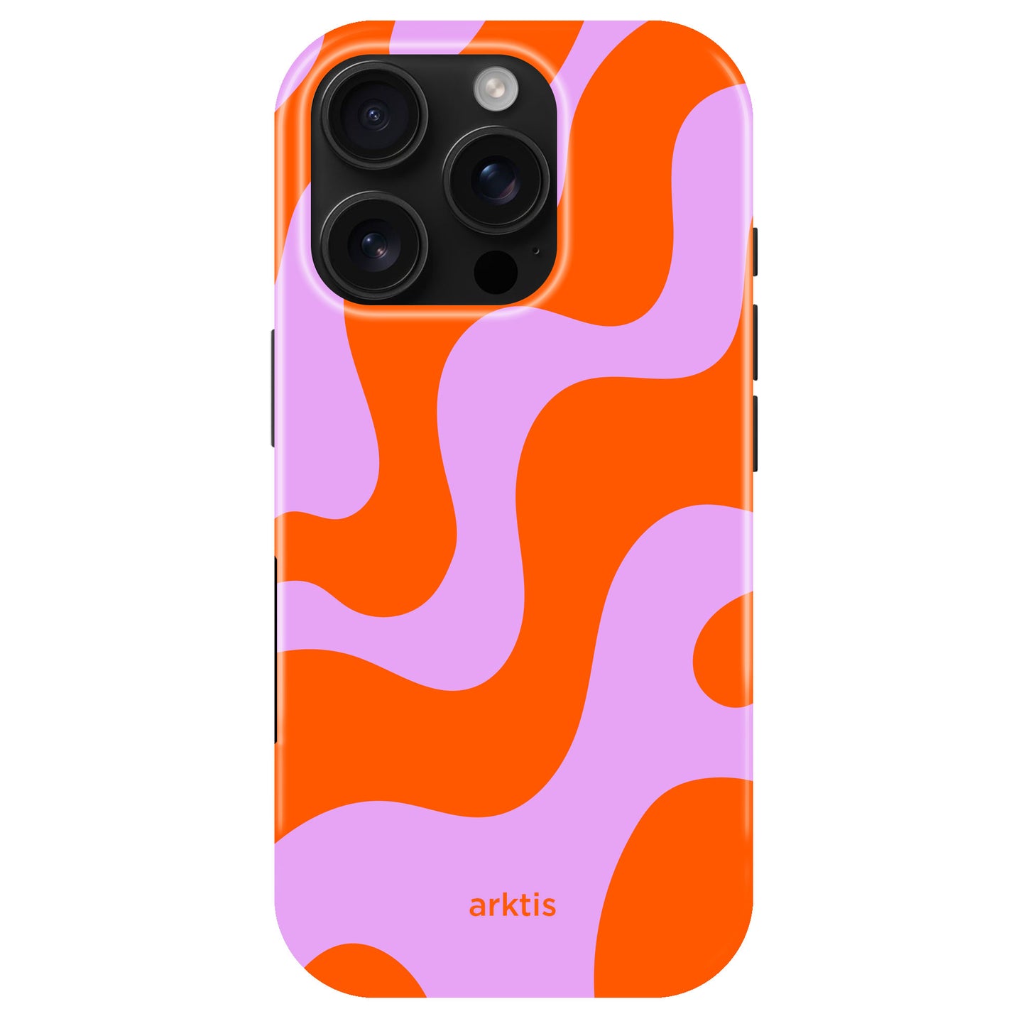 Die arktis iPhone 15 Pro Max Hülle - Knokke Queen verfügt über ein orange-rosa Wellenmuster, "arktis" Branding an der Unterseite und stoßabsorbierendes TPU-Silikon für idealen Schutz.