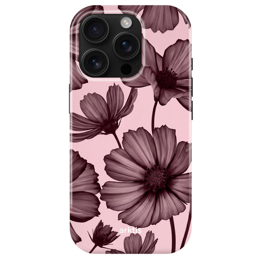 Arktis iPhone 14 Pro Hülle - Bloom Case: Pinke, stoßabsorbierende TPU-Silikon-Schale mit dunklen, transparenten Blumenmotiven und arktis-Branding am unteren Rand.