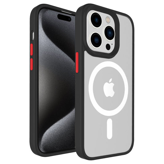 Das ArktisPRO iPhone 15 Pro Max SECTOR SLIM Case mit MagSafe ist eine schwarz-graue Schutzhülle mit roten Seitentasten und einem sichtbaren Apple-Logo auf der Rückseite.