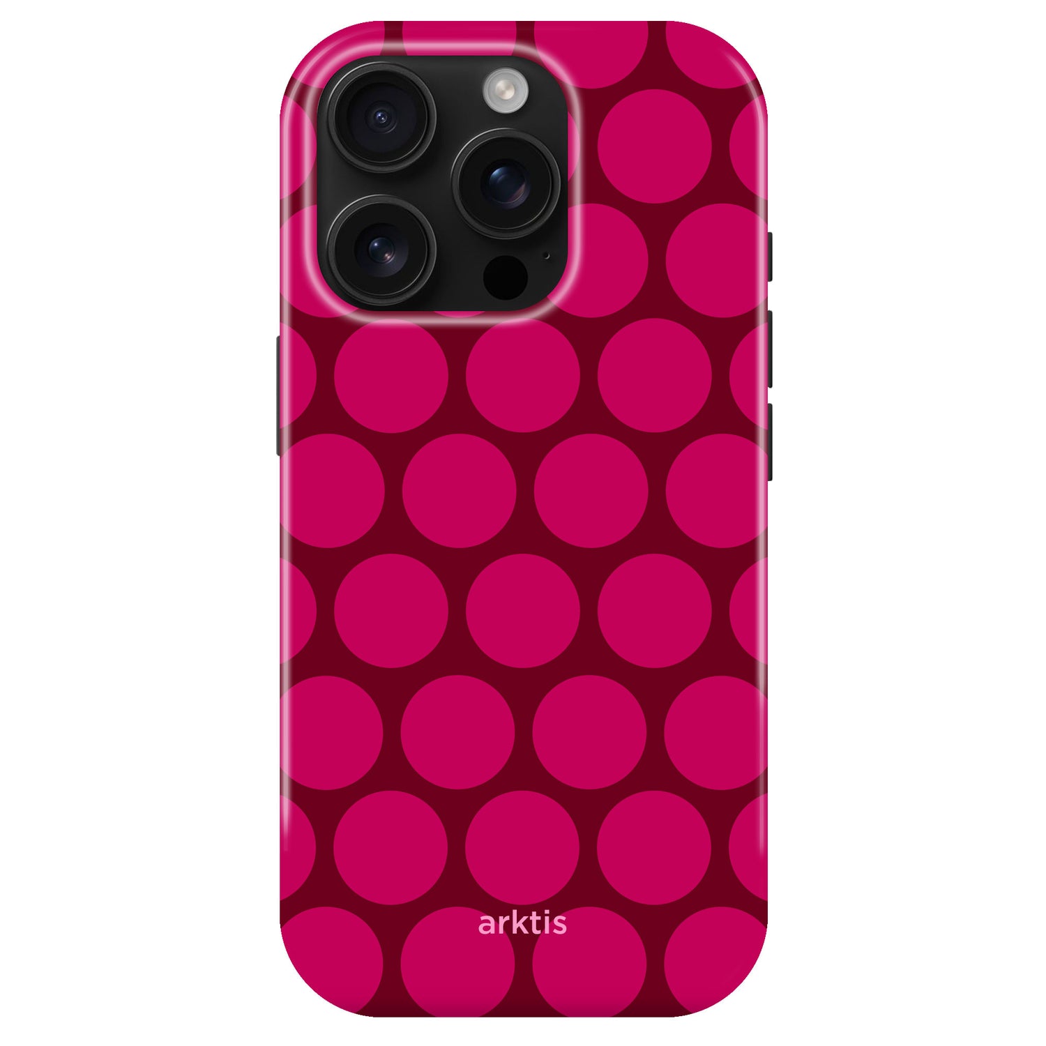 Die arktis iPhone 15 Pro Hülle - Polka Dots schützt mit stoßabsorbierendem TPU-Silikon, zeigt ein pinkes Polka-Dot-Design auf dunklerem Hintergrund, arktis Logo unten und ist MagSafe kompatibel für sicheres Laden.