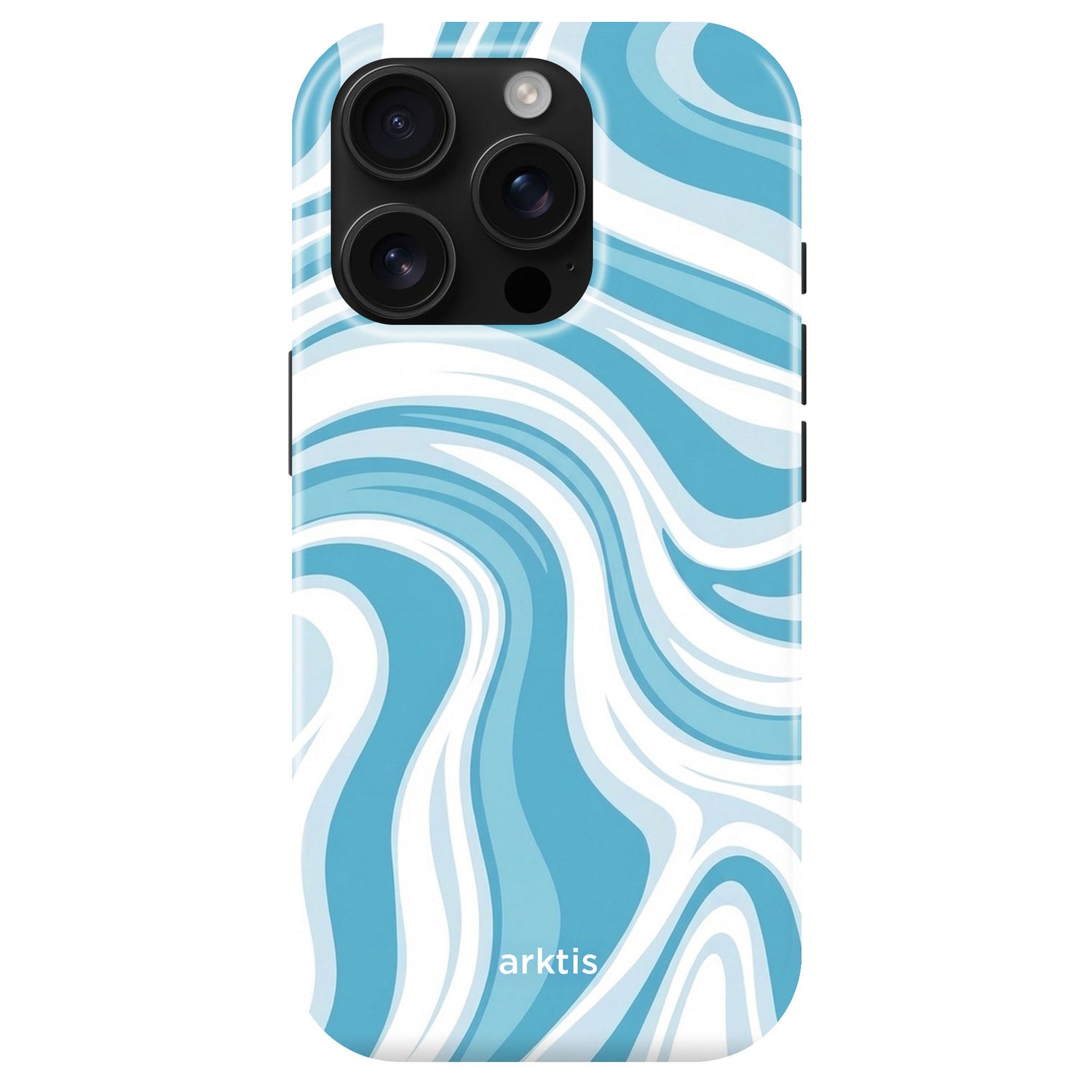 Die arktis iPhone 14 Pro Max Hülle - Blue Lagoon überzeugt mit stoßabsorbierendem TPU-Silikon, blau-weißem Wellenmuster, arktis Branding am Boden und MagSafe-Kompatibilität für bequemes Laden.