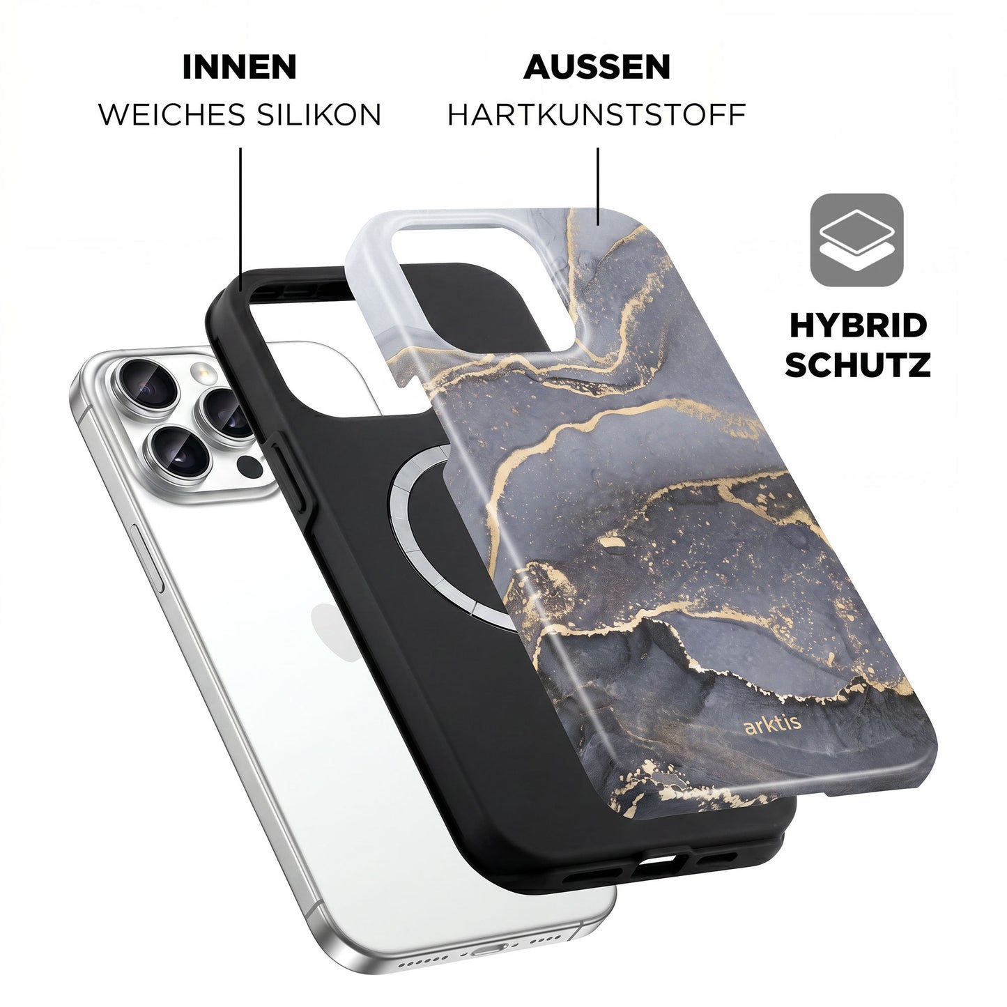 Die arktis iPhone 14 Pro Hülle - Dusty Marble vereint stoßabsorbierendes TPU-Innenmaterial mit harter Kunststoff-Außenschale, ist MagSafe-kompatibel und besticht durch ihr grau-goldenes Marmor-Design.