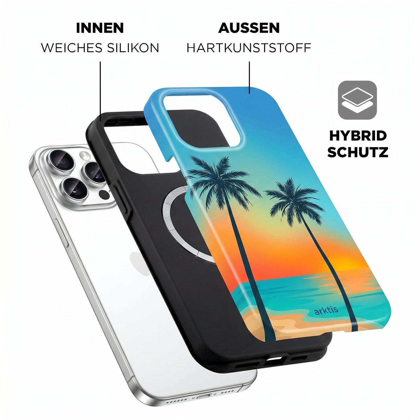 Die arktis iPhone 15 Pro Max Hülle - Sunset Beach hat ein Palmenstrand-Design, eine stoßabsorbierende TPU-Silikon-Innenseite, eine Hartplastik-Außenseite für hybriden Schutz und ist MagSafe-kompatibel.