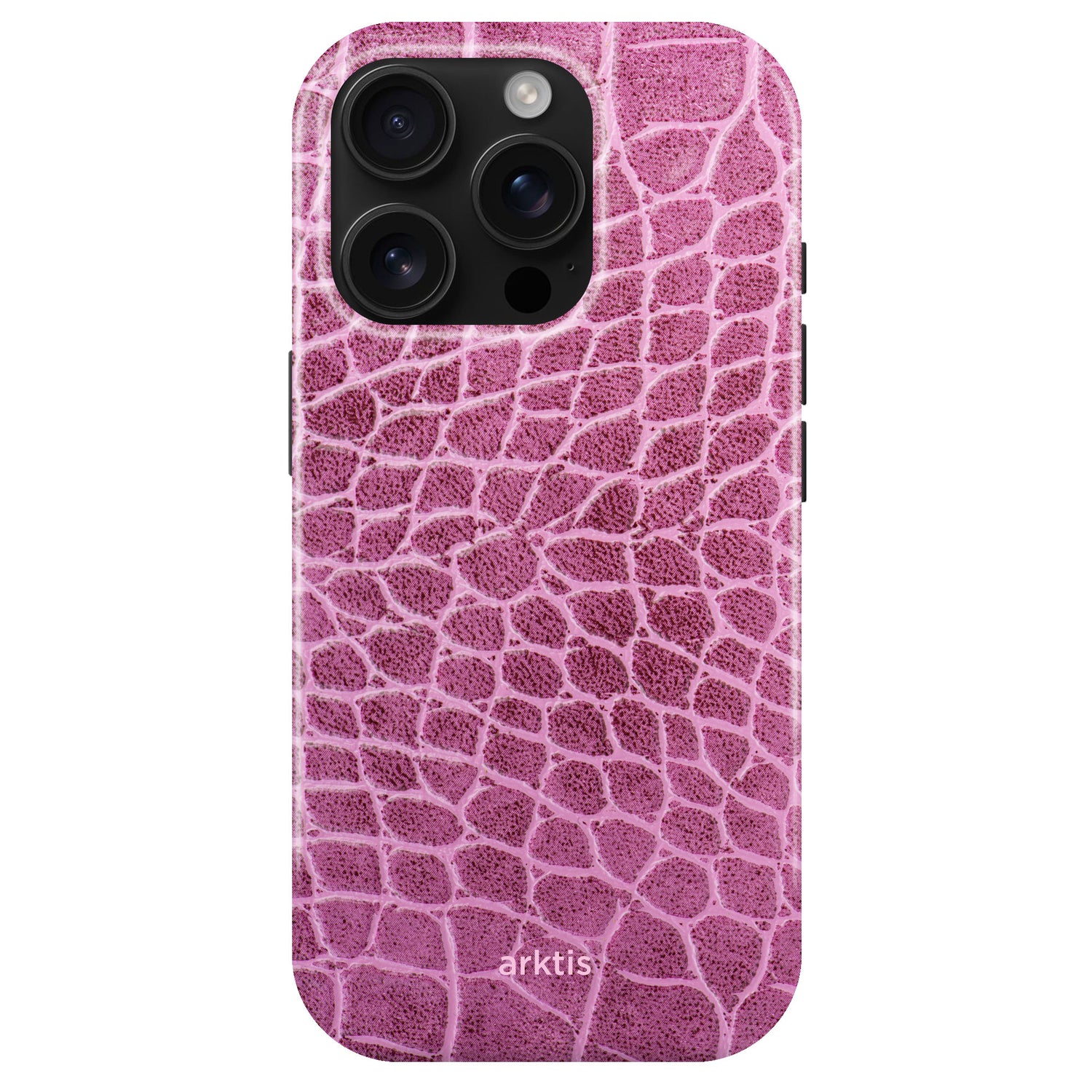 Die arktis iPhone 14 Pro Hülle - Pink Lizard ist eine TPU-Silikonhülle mit einem strukturierten Eidechsenmuster, verfügt über ein arktis Branding an der Unterseite und ist MagSafe kompatibel.
