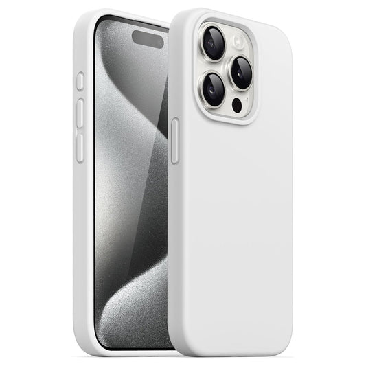 Das iCEO iPhone 15 Pro Silikon Case von iCEO ist ein schlankes weißes Case, das Ihr Smartphone mit Frontdisplay und Triple-Kamera schützt – ideal für kabelloses Laden.