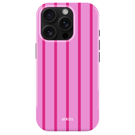Die arktis iPhone 14 Pro Hülle - Lady Stripes hat vertikale dunkelrosa Streifen, ein arktis Logo, ist aus stoßabsorbierendem TPU-Silikon und MagSafe kompatibel - perfekt für dein iPhone 14 Pro.