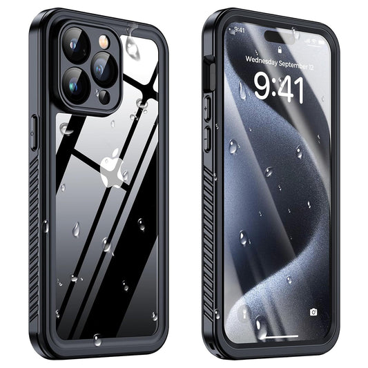 ArktisPRO iPhone 15 Pro Wasserdichtes Actioncase: Zwei stoßfeste, wasserdichte Hüllen mit Wassertropfen auf der Oberfläche zeigen Vorder- und Rückseite – perfekter Schutz für jedes Abenteuer.