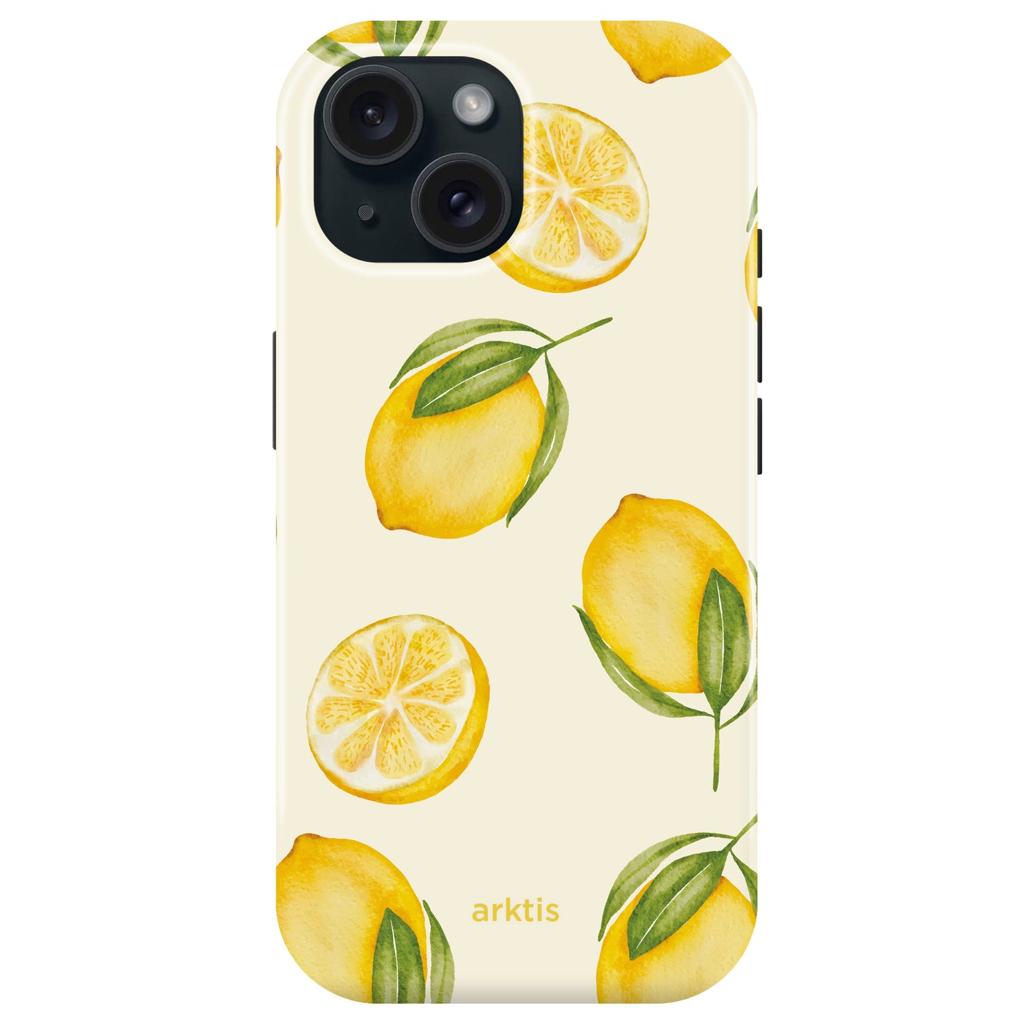 Die arktis iPhone 15 Hülle - Lemon besticht mit gelbem Zitronen- und Zitronenscheiben-Muster auf hellem Hintergrund, besteht aus stoßabsorbierendem TPU-Silikon, ist MagSafe-kompatibel und trägt dezentes arktis-Branding für stilvollen Schutz.