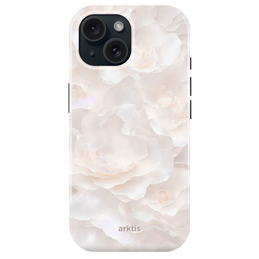 Die arktis iPhone 15 Hülle - Marble Flower bietet ein zartes pastellfarbenes Blumendesign mit weißen und blassrosa Blütenblättern, hergestellt aus stoßabsorbierendem TPU-Silikon. MagSafe kompatibel für müheloses Aufladen.