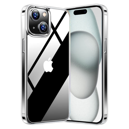 Das arktiscase arktis iPhone 15 Plus ZERO Case Ultra Clear, eine dünne TPU-Silikonhülle, ist auf Vorder- und Rückseite des Telefons abgebildet. Die transparente Hülle hebt die Doppelkamera und das Apple-Logo hervor, mit einem leicht abstrakten Design auf dem Bildschirm.