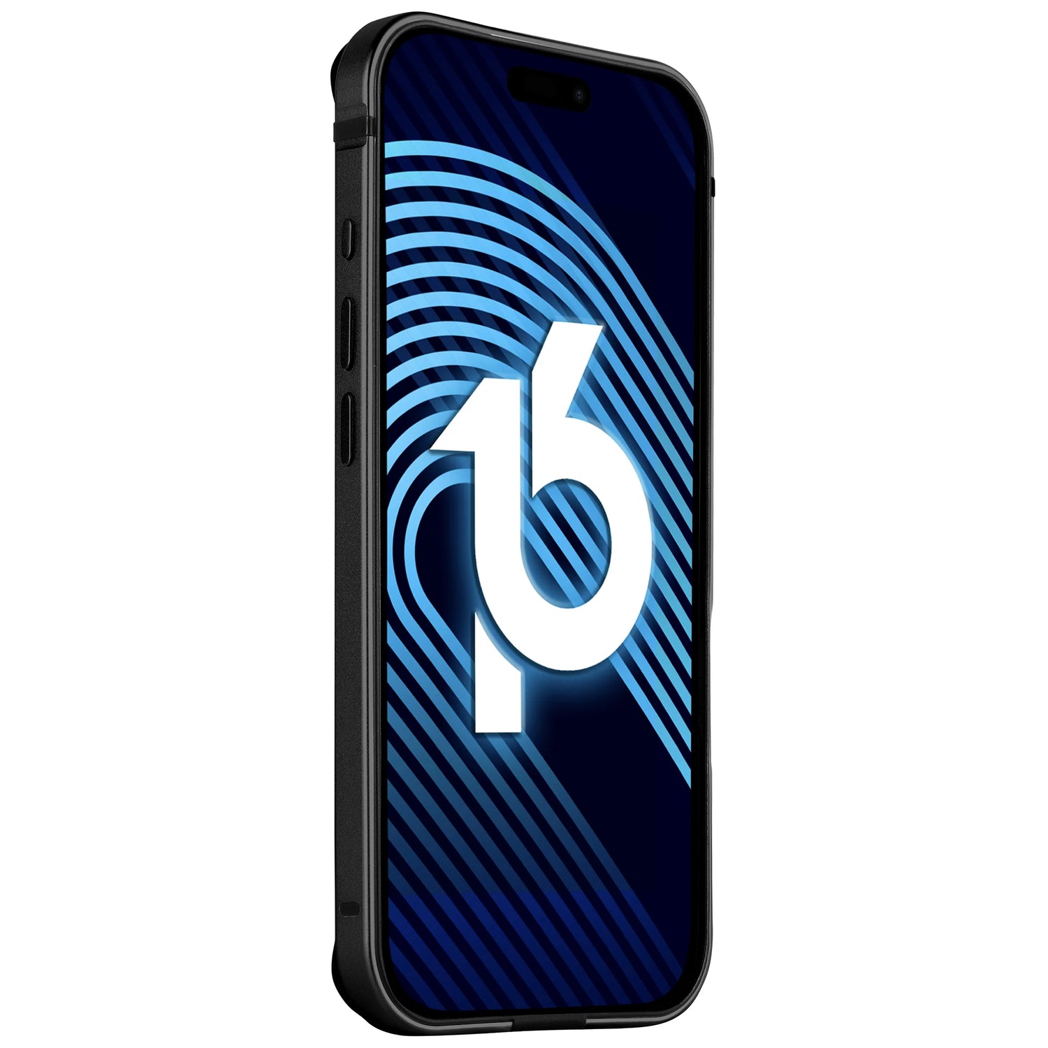 Der arktis iPhone 17 Bumper von arktis ist auf einem schwarzen Smartphone mit einem blauen abstrakten Hintergrundbild mit der Zahl 16 und geschwungenen Linien abgebildet und bietet mit seiner Aluminium TPU Hülle einen verbesserten Schutz.