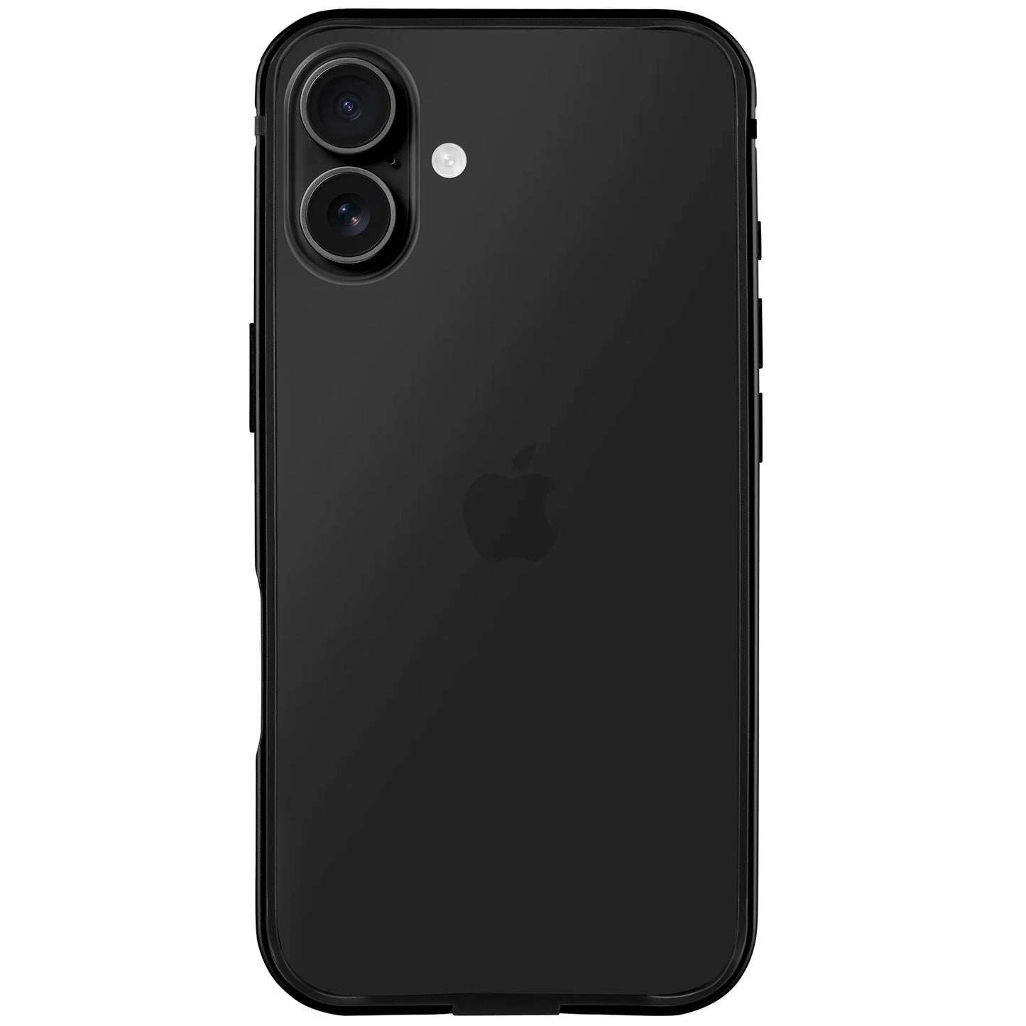 Das schwarze iPhone mit den beiden rückwärtigen Kameras und dem Apple-Logo wird von der Rückseite vor einem weißen Hintergrund gezeigt, geschützt durch den arktis iPhone 17 Bumper - ein ultraleichter Rahmen aus stoßabsorbierendem TPU-Silikon von arktis.