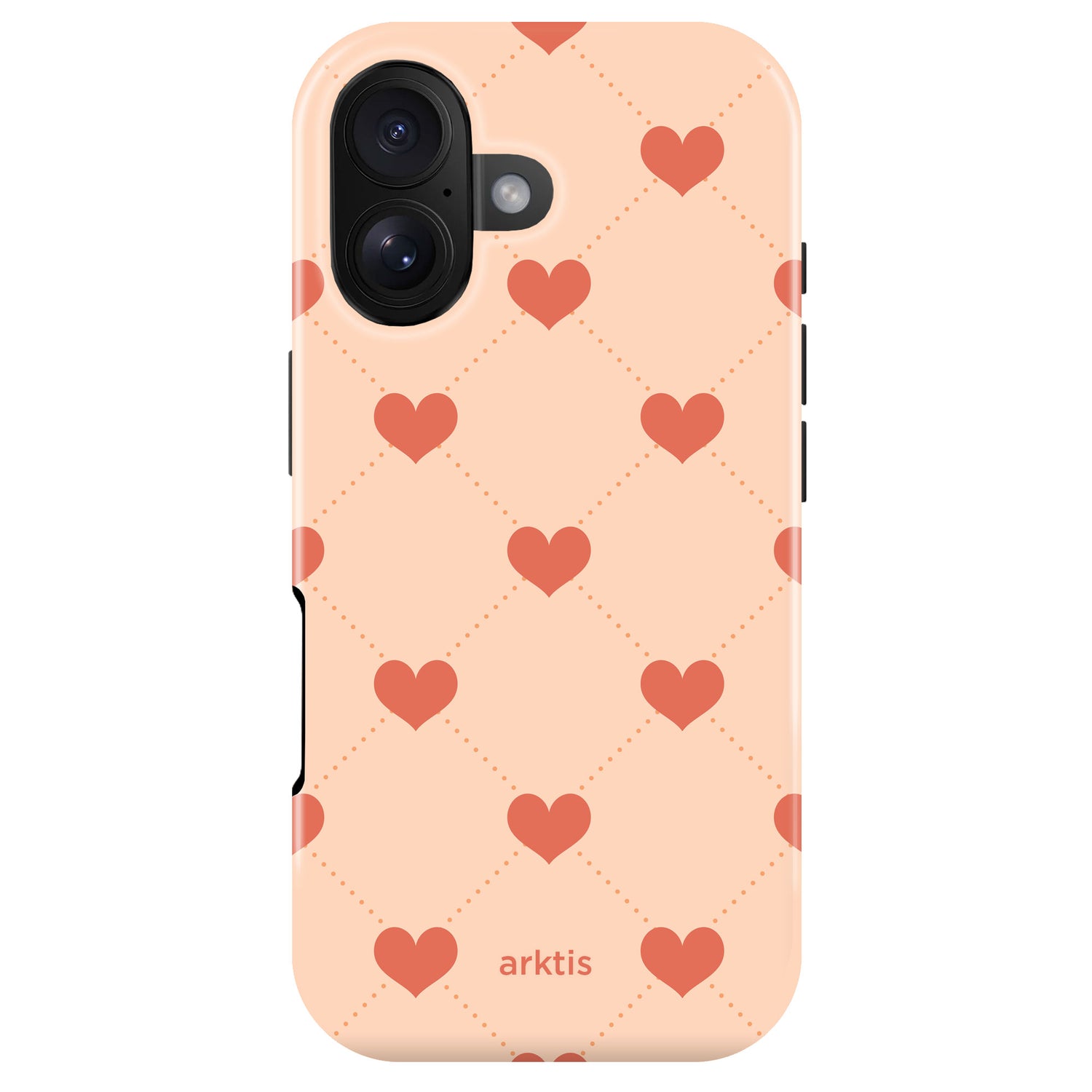 Die arktis iPhone 17 Hülle - Love hat ein pfirsichfarbenes Design mit roten Herzen in einem Rautenraster, ein "arktis"-Branding, ist MagSafe-kompatibel und aus stoßabsorbierendem TPU-Silikon für zusätzlichen Schutz gefertigt.