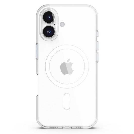 Das arktis iPhone 16 Clear Case mit MagSafe von arktis zeigt das Apple-Logo auf einem weißen iPhone mit Doppelkamera und bietet zuverlässigen Schutz und nahtlose MagSafe-Ladekompatibilität.