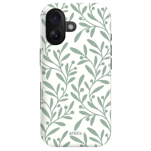 Das arktis iPhone 16 Plus Fashion Case – Olive verfügt über ein grünes Blattzweig-Design und das „arktis“-Branding und ist aus strapazierfähigem Polycarbonat und flexiblem TPU-Silikon für verbesserten Schutz gefertigt.