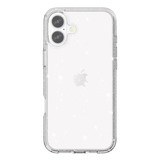 Das arktis iPhone 16 Plus Glitter Case von arktis besticht durch eine klare, glitzernde Oberfläche, die das Apple-Logo durchscheinen lässt und gleichzeitig vor Kratzern schützt. Die Aussparung für die Dual-Kamera befindet sich in der oberen linken Ecke.