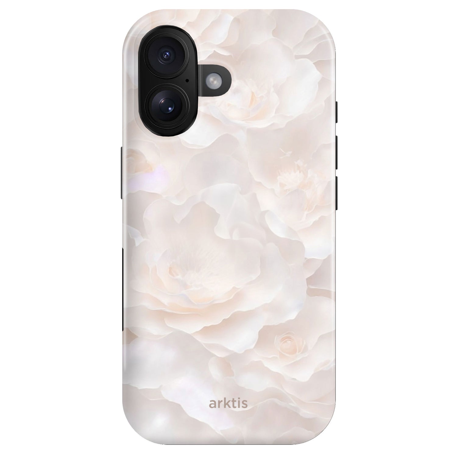 Die arktis iPhone 16 Hülle - Marble Flower bietet optimalen Schutz durch stoßabsorbierendes TPU-Silikon, besitzt ein weißes Marmor-Blumenmuster und ist MagSafe-kompatibel. Der Markenname arktis steht unten auf der Hülle.