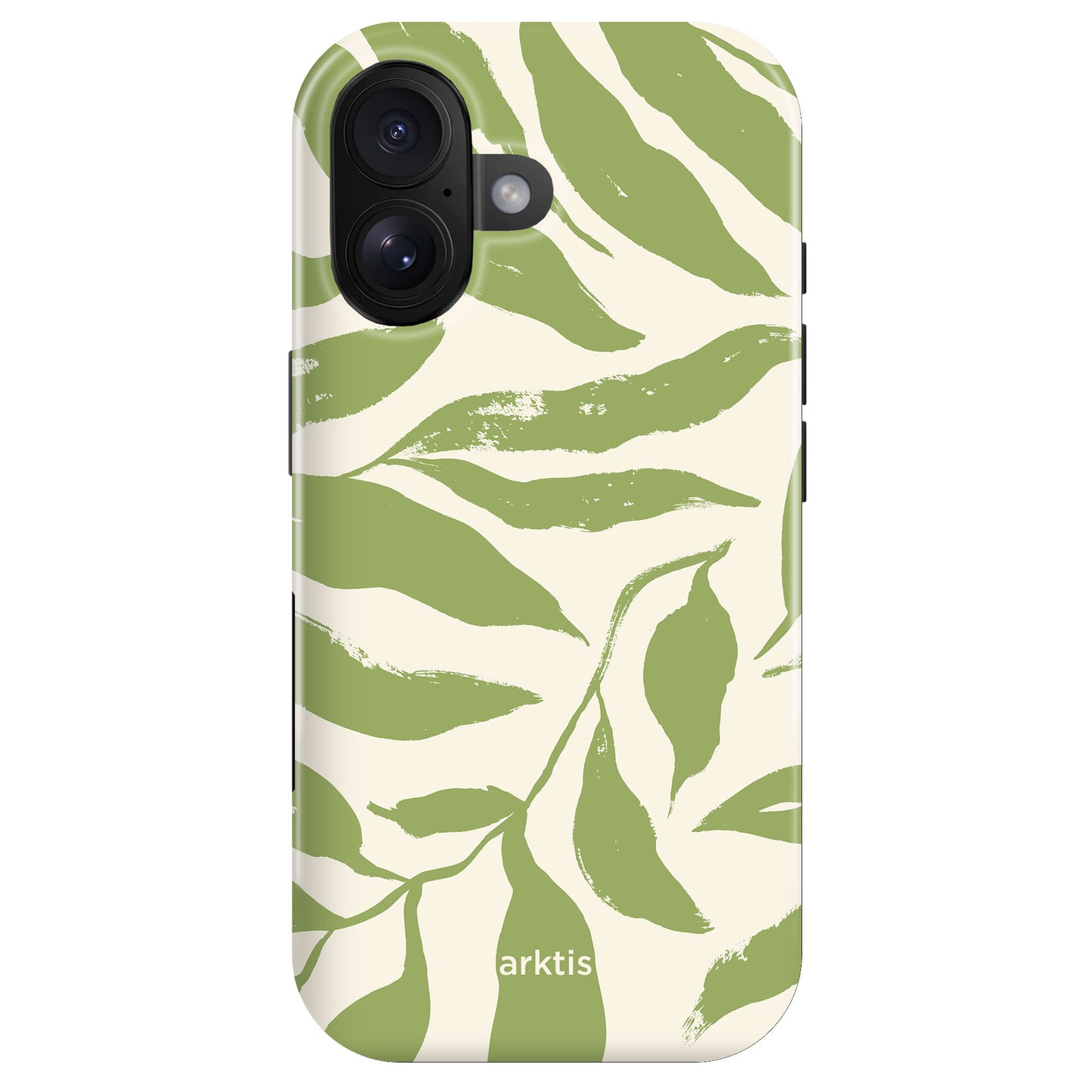 Die arktis iPhone 16 Hülle - Botanic verfügt über ein hellgrünes Blattmuster, "arktis" Branding, stoßabsorbierendes TPU-Silikon und ist MagSafe-kompatibel für stilvollen Schutz.