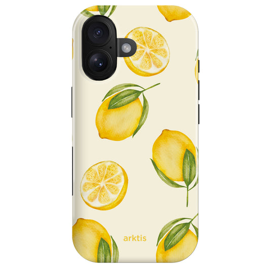Die arktis iPhone 16 Hülle - Lemon von arktis besteht aus stoßabsorbierendem TPU-Silikon, zeigt Zitronen und grüne Blätter auf hellem Hintergrund und ist MagSafe-kompatibel.