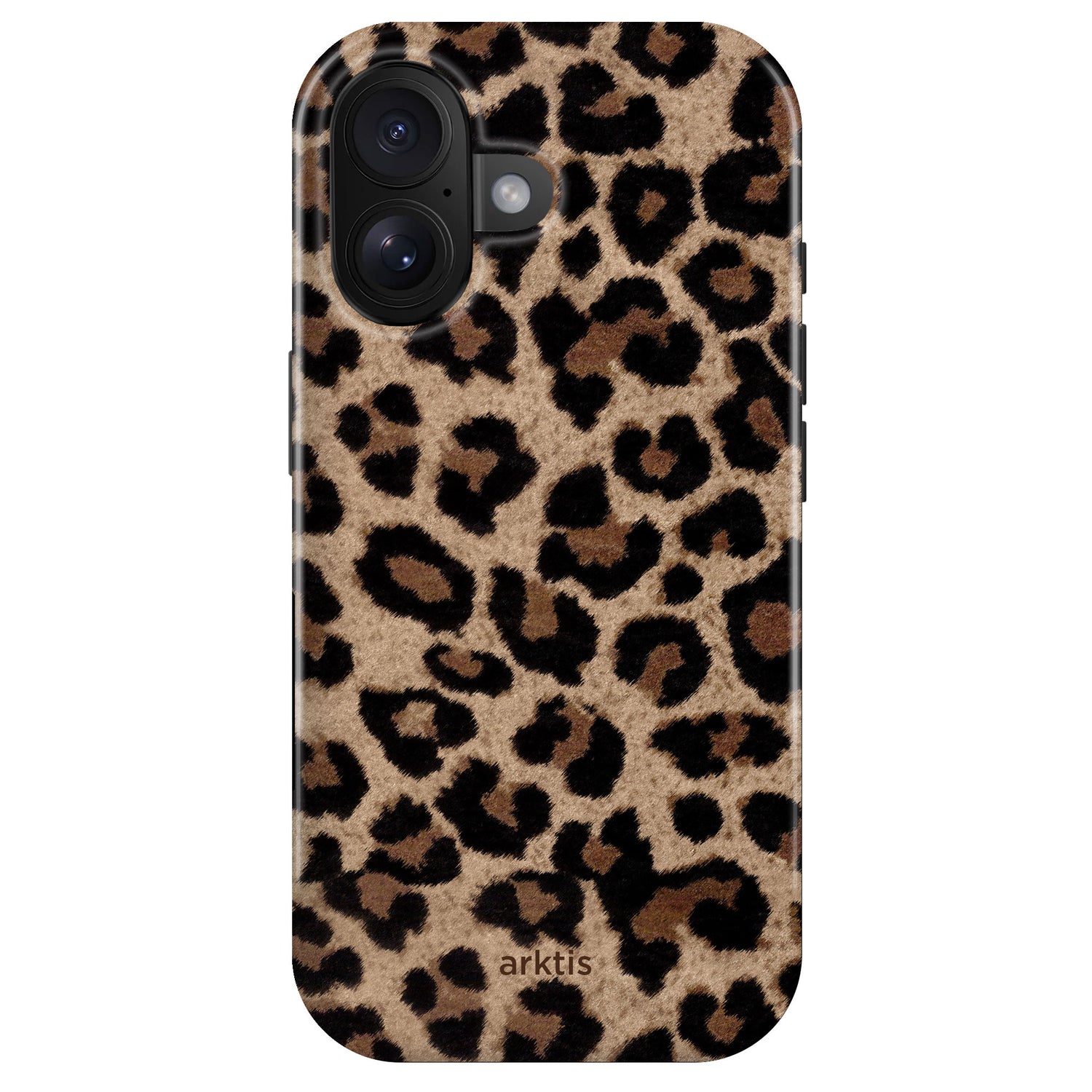 Die arktis iPhone 16 Hülle - Sweet Leopard kombiniert stilvolles braun-schwarzes Leopardenmuster mit stoßabsorbierendem TPU-Silikon, MagSafe-Kompatibilität und dezentem arktis-Branding für optimalen Schutz und Design.