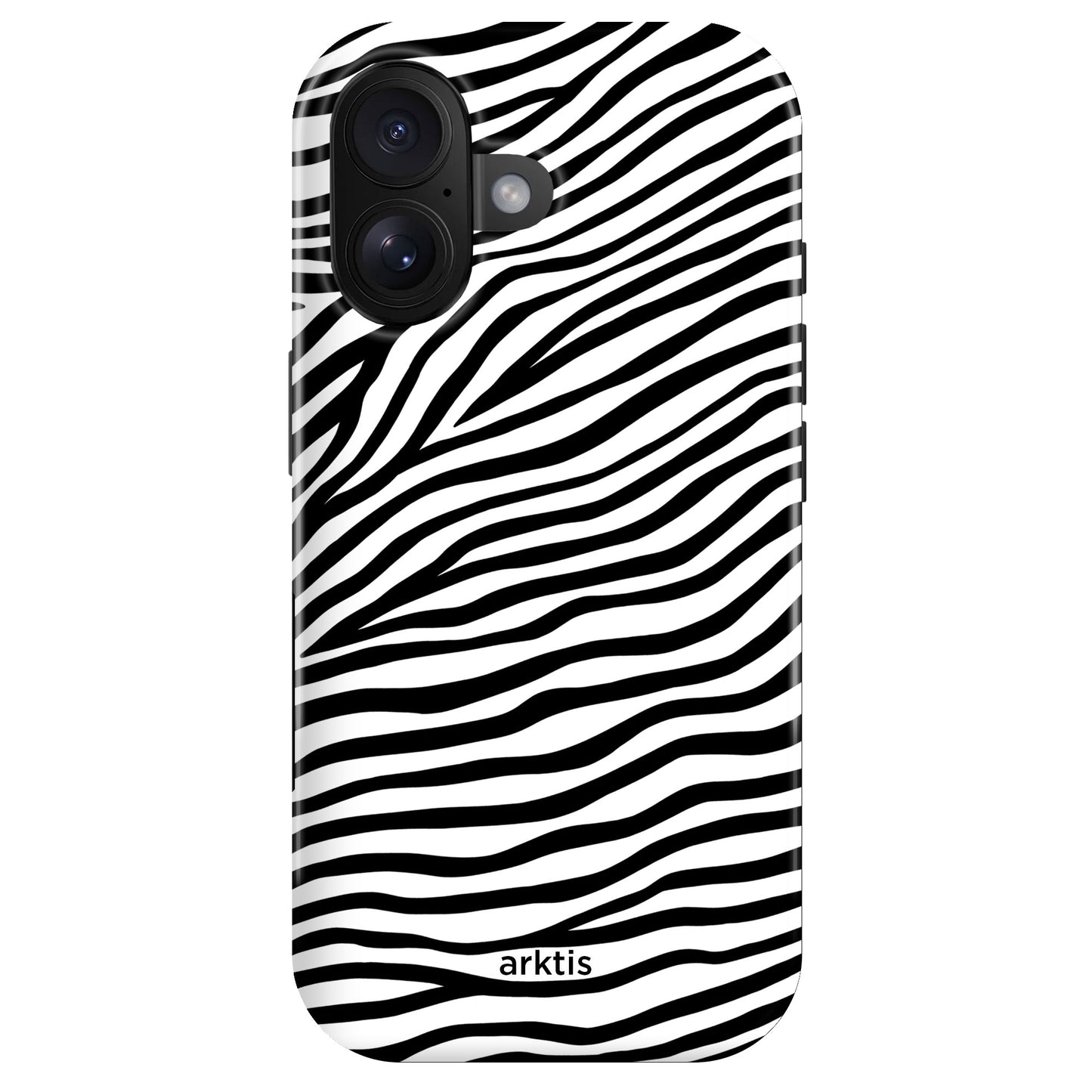 Die arktis iPhone 16 Hülle - Zebra von arktis verfügt über ein schwarz-weißes Zebrastreifen-Design, "arktis" Branding, stoßabsorbierendes TPU-Silikon und ist MagSafe kompatibel für einfaches Aufladen und stilvollen Schutz.