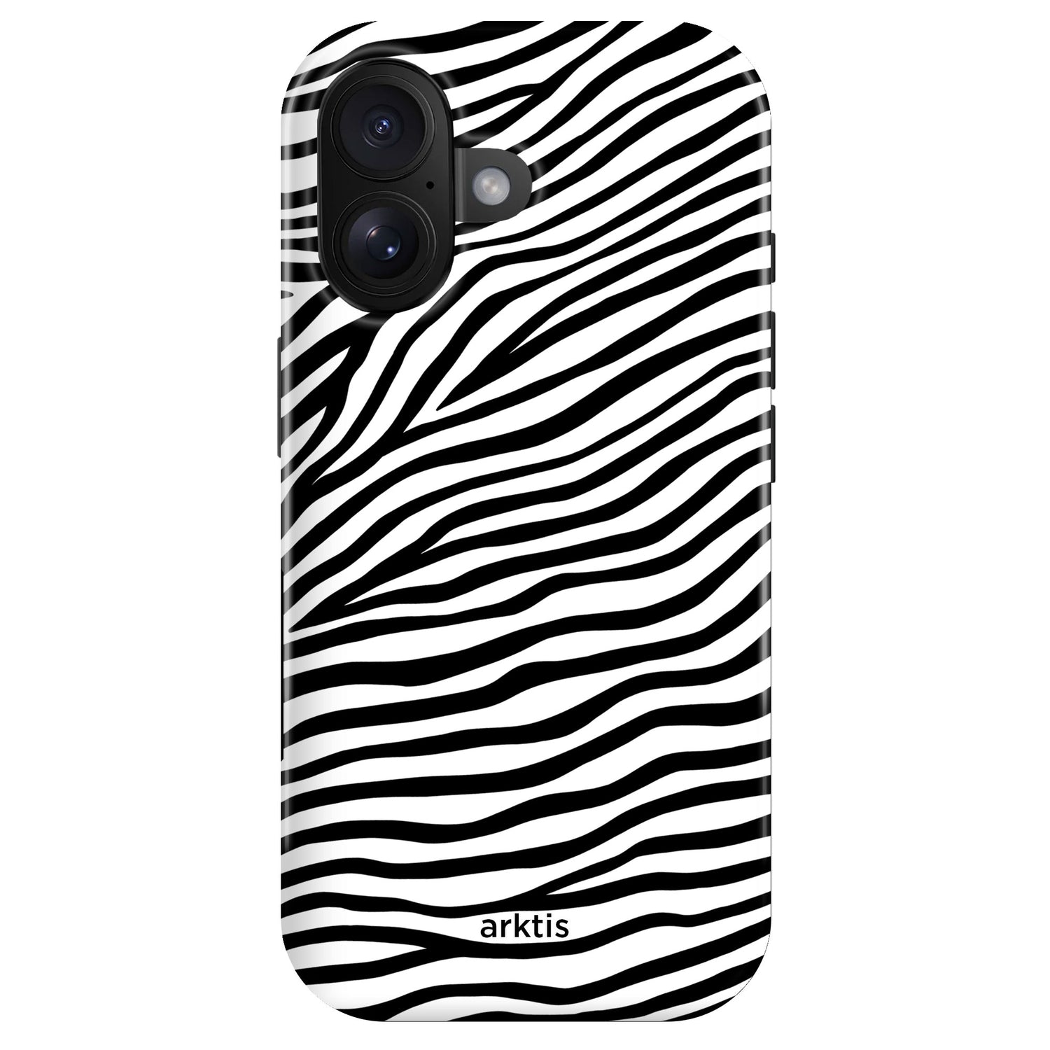 Die arktis iPhone 16 Hülle - Zebra von arktis verfügt über ein schwarz-weißes Zebrastreifen-Design, "arktis" Branding, stoßabsorbierendes TPU-Silikon und ist MagSafe kompatibel für einfaches Aufladen und stilvollen Schutz.