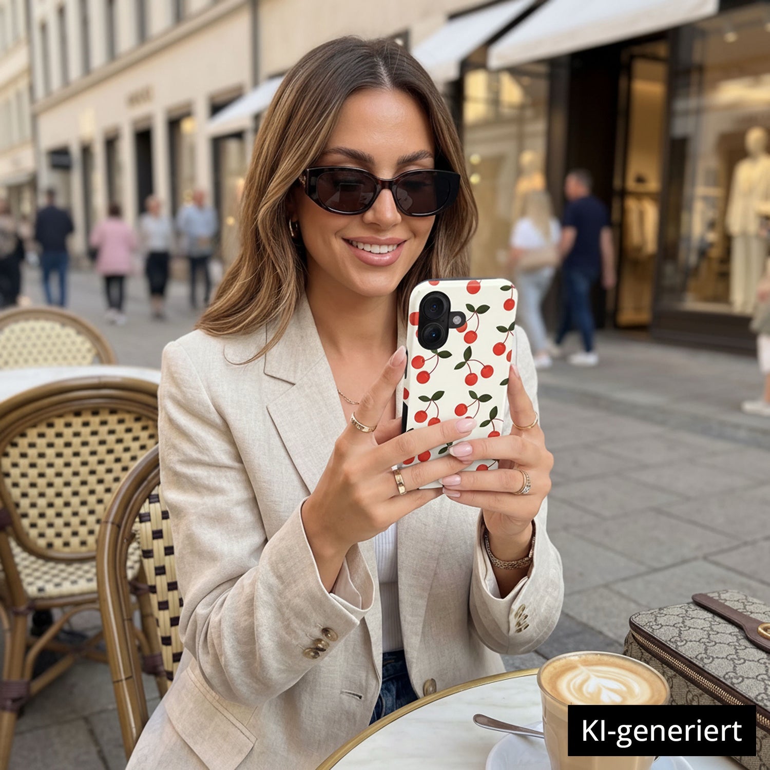 Frau im beigen Blazer fotografiert mit ihrem Handy in der arktis iPhone 14 Hülle - Cherry von arktis an einem Cafétisch im Freien, in der Hand ihren Kaffee. KI-generiert.