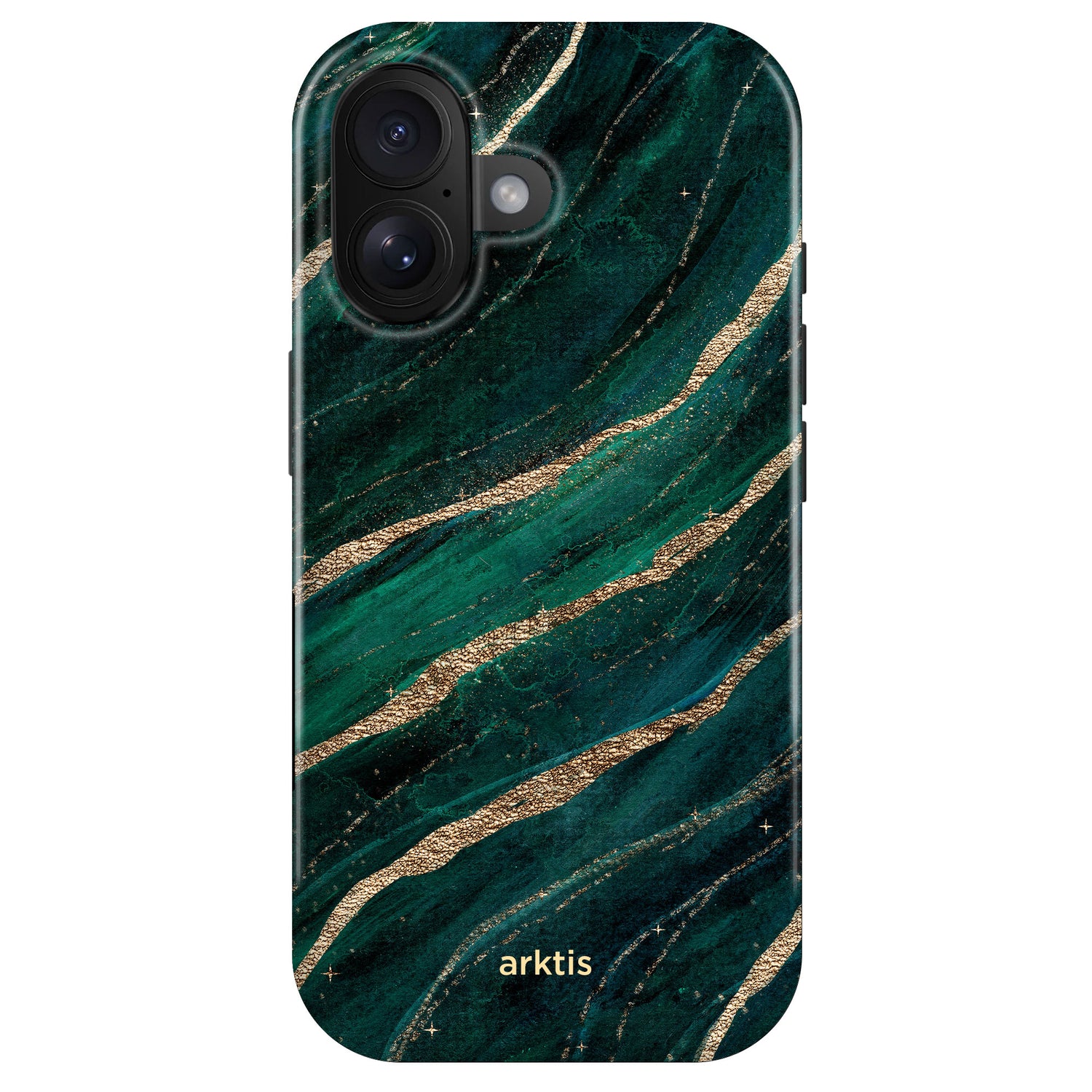 Die arktis iPhone 16 Hülle - Green Marble schützt mit stoßabsorbierendem TPU-Silikon, ist MagSafe-kompatibel und besticht durch dunkelgrünes Marmor-Design mit goldener "arktis"-Prägung am unteren Rand.