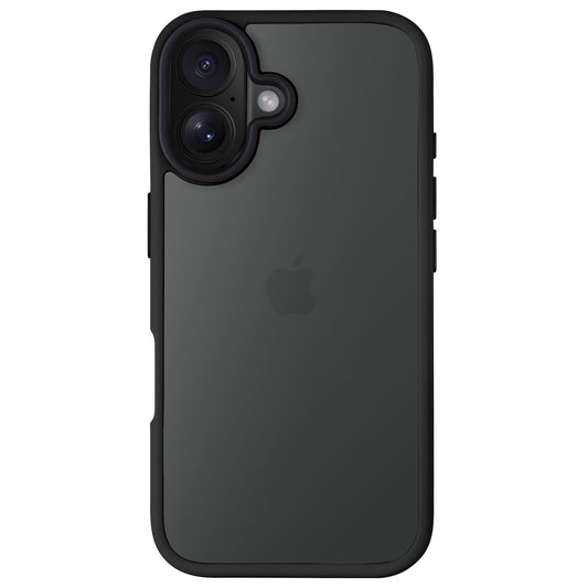 Das Arktis arktis iPhone 16 Solid Case in Schwarz mit zwei Kameras auf der Rückseite und einem zentrierten Apple-Logo verfügt über einen stoßdämpfenden TPU-Silikon-Rahmen und eine Rückseite aus Polycarbonat auf weißem Hintergrund.