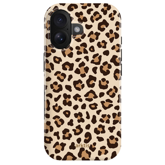 Das arktis iPhone 16 Fashion Case – Leopard verfügt über einen beigen Hintergrund mit braunem und schwarzem Leopardenmuster und besteht aus stoßabsorbierendem TPU-Silikon für zusätzlichen Schutz.