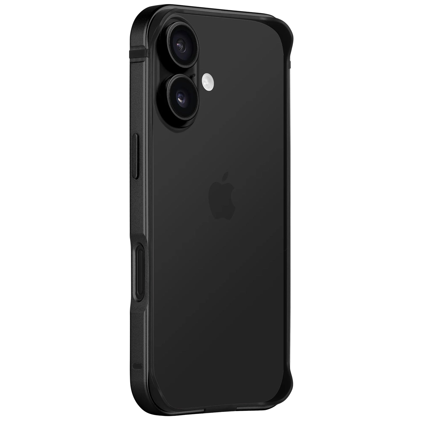 Der arktis iPhone 17 Bumper von arktis, von hinten gesehen auf einem schwarzen iPhone mit Dual-Kamera, besteht aus einem ultraleichten, stoßabsorbierenden TPU-Silikonrahmen.