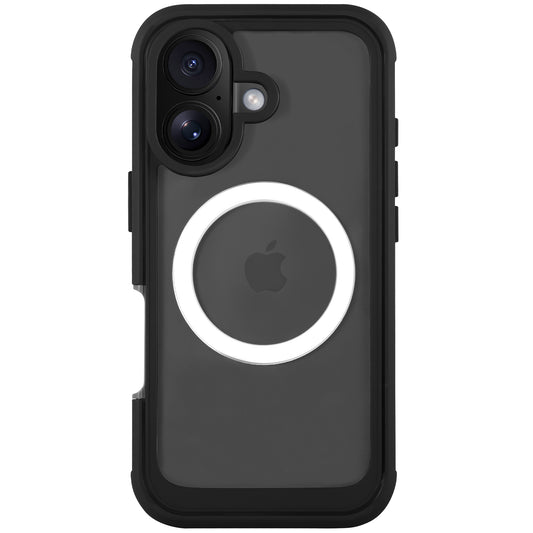 Das arktis iPhone 16 Defender Case ist eine durchsichtige Hülle mit dem schwarzen iPhone- und Apple-Logo, verfügt über einen weißen MagSafe-Kreis, bietet 360-Grad-Schutz und enthält eine zuverlässige Displaymembran für umfassenden Schutz.
