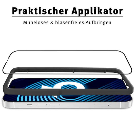 Das arktis iPhone 16 Plus Displayschutz GLAS wird mit einem Applikatorrahmen über einem Smartphone gezeigt, mit deutschem Text, der die einfache, blasenfreie Anwendung und das kratzfeste Glas für optimalen Schutz hervorhebt.