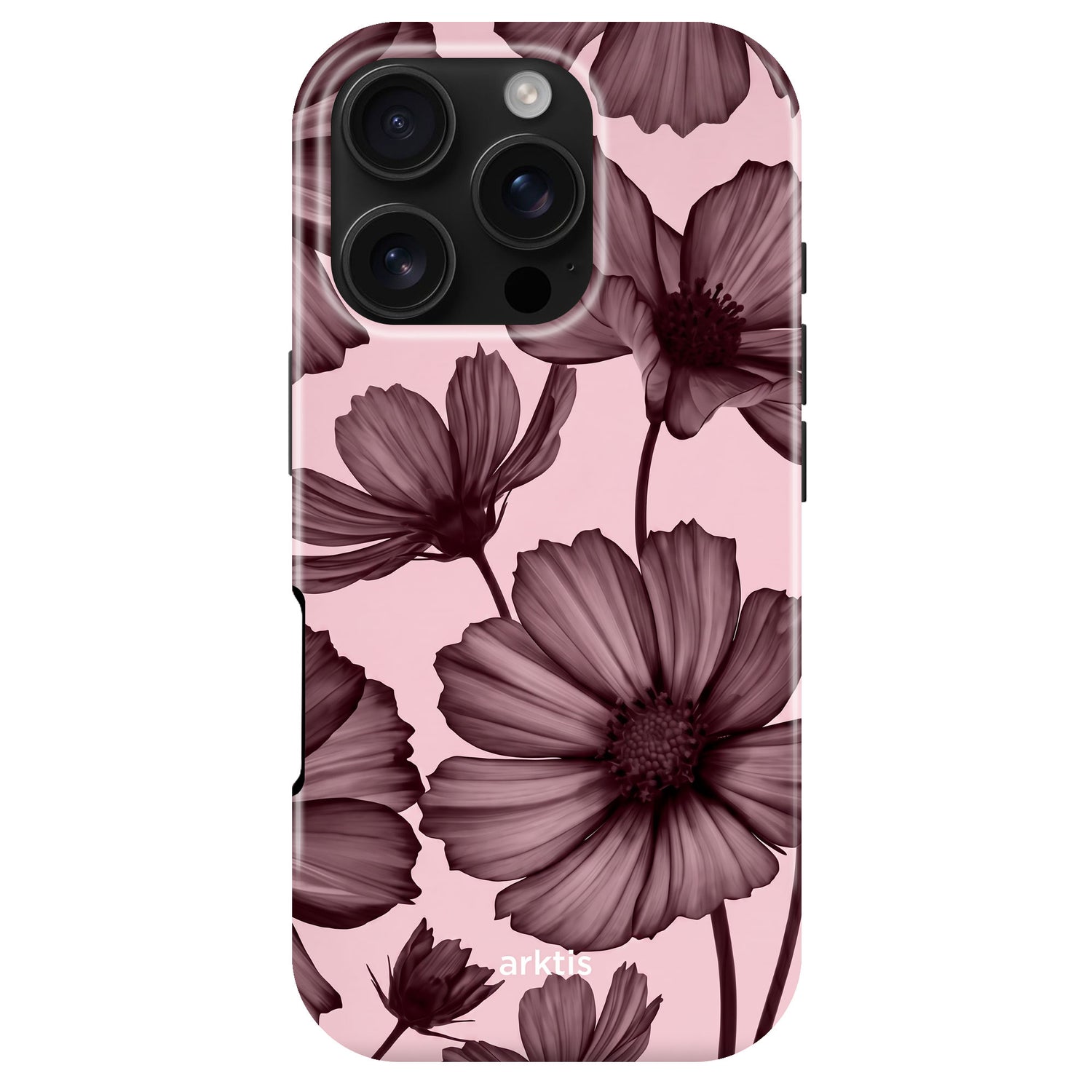 Das arktis iPhone 16 Pro Hülle - Bloom Case ist eine pinke MagSafe-kompatible Hülle mit großen, dunkelvioletten Blumenmustern, stoßabsorbierend für zusätzlichen Schutz und mit dem arktis Logo an der Unterseite.