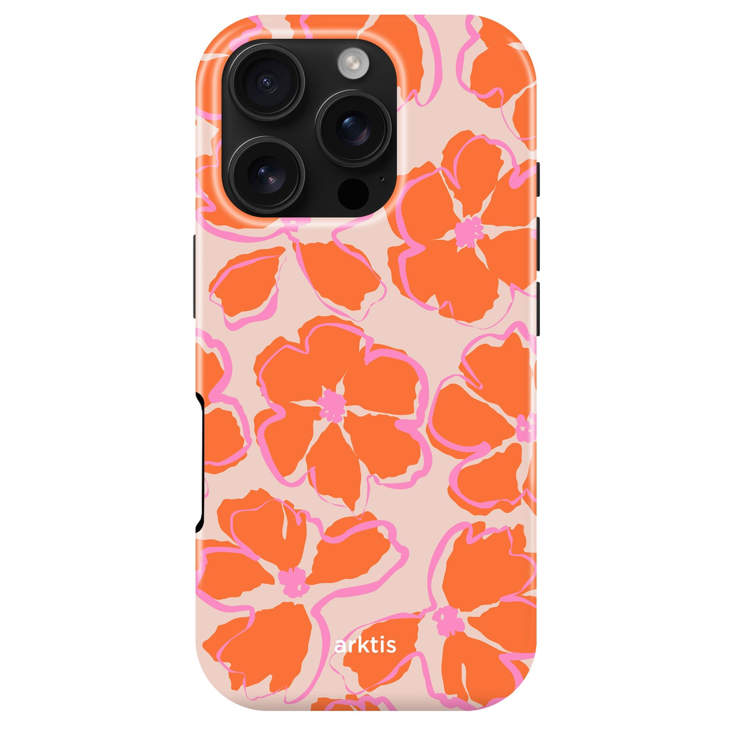Die arktis iPhone 16 Pro Hülle - Orange Mallow begeistert mit kräftigen orangen Blumen, pinken Akzenten und blassem Hintergrund. MagSafe-kompatibel, stoßabsorbierend - stilvoller Schutz für dein iPhone von arktis.