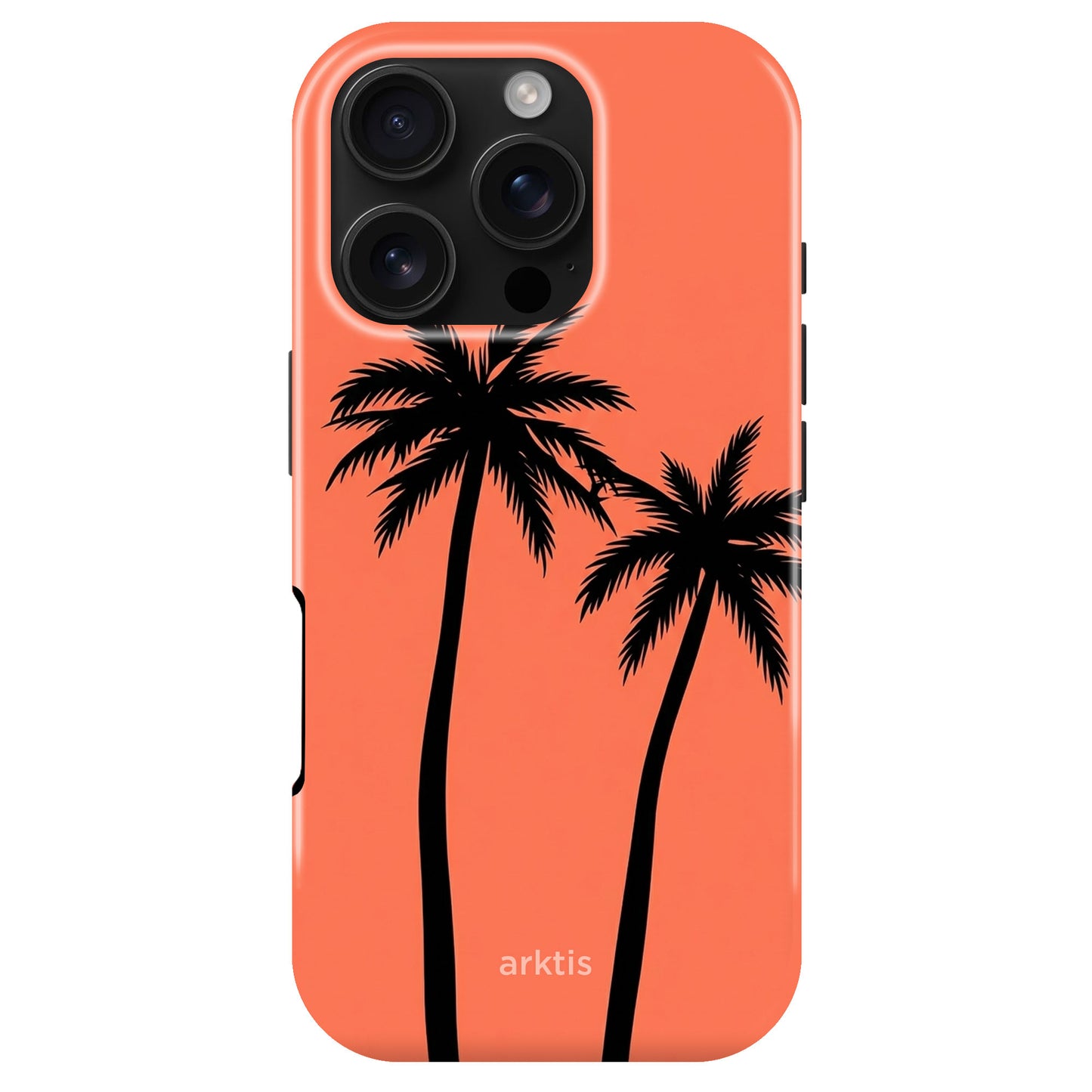 Arktis iPhone 16 Pro Hülle - Coral Coast: Korallrote Hülle mit zwei schwarzen Palmen-Silhouetten und "arktis" am unteren Rand. MagSafe-kompatibles, stoßabsorbierendes TPU-Silikon für besten Schutz.