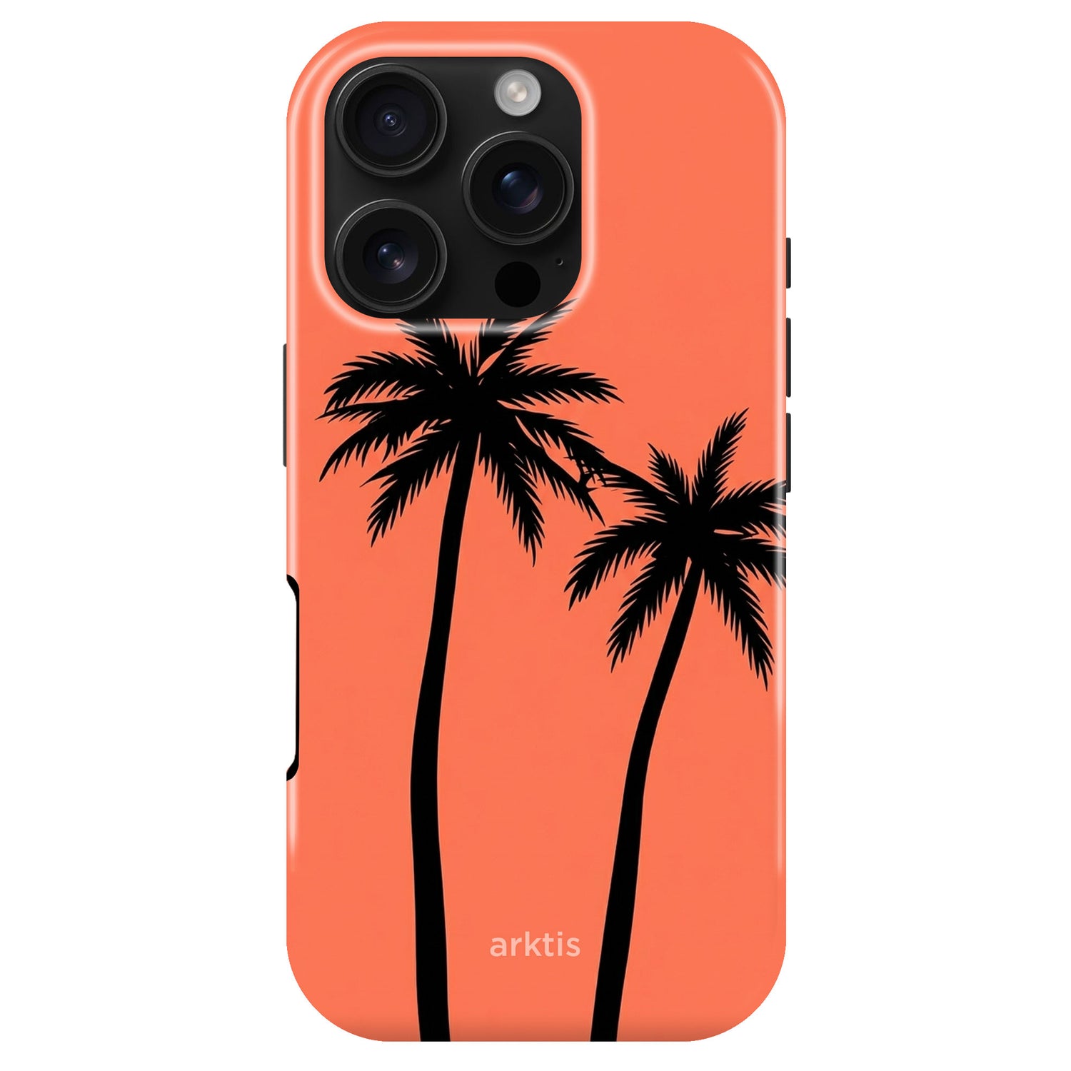Die arktis iPhone 16 Pro Max Hülle - Coral Coast zeigt zwei schwarze Palmen-Silhouetten, ist MagSafe-kompatibel und zeigt das arktis-Logo an der Unterseite - ein stilvolles Fashion Case für Ihr Gerät.