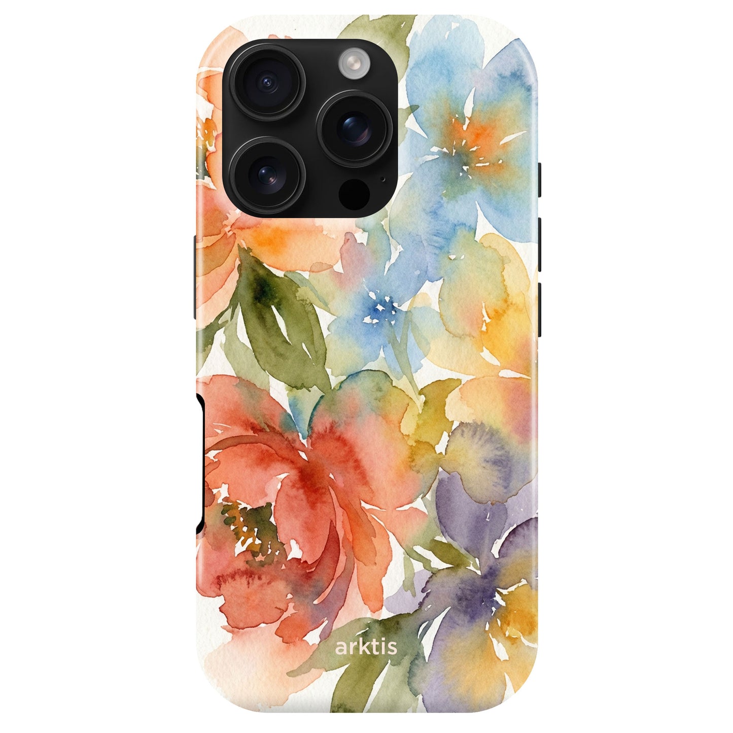 Die arktis iPhone 16 Pro Hülle - Floral zeigt ein florales Aquarelldesign in Rot, Blau, Orange und Grün auf TPU-Silikon. MagSafe-kompatibel, bietet sie stilvollen Schutz und zeigt die Marke arktis.