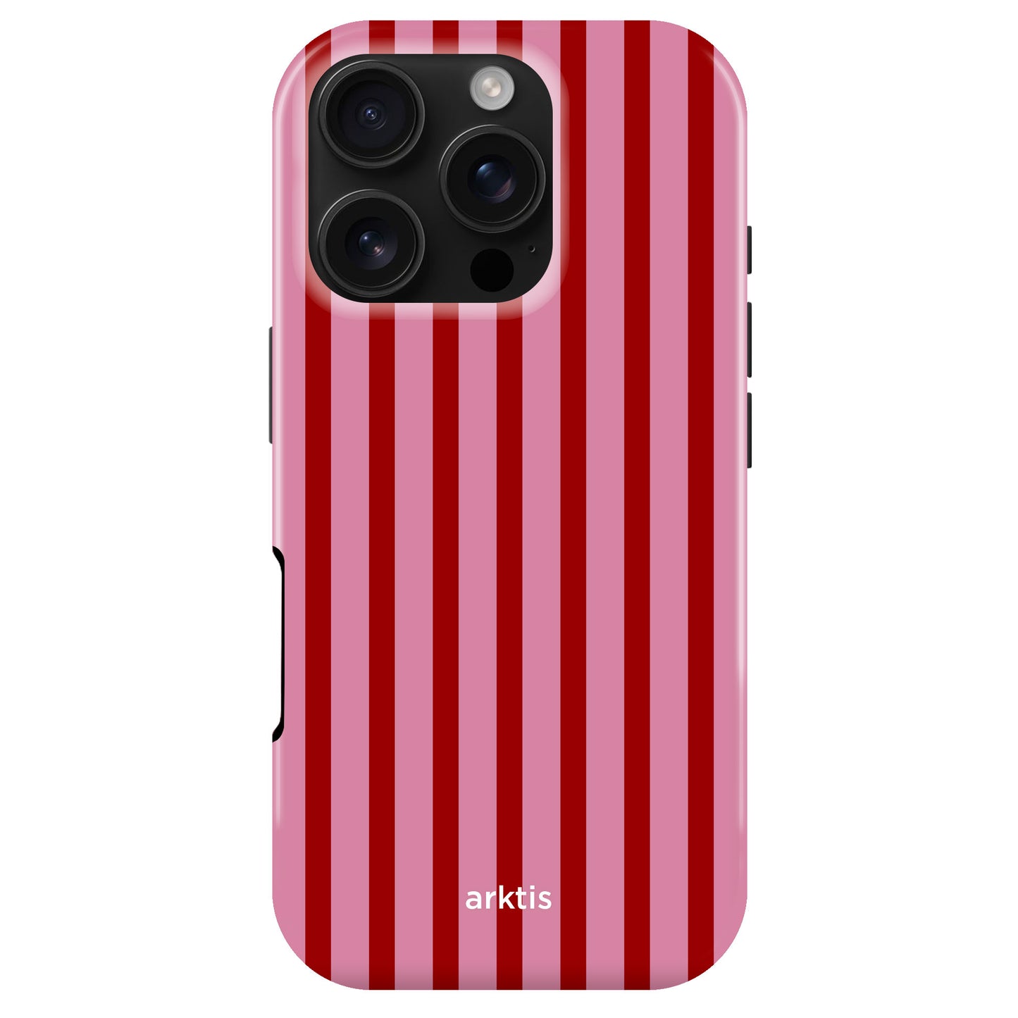 Die arktis iPhone 16 Pro Max Hülle - Stripes verfügt über rote und pinke vertikale Streifen, "arktis" Branding, robustes TPU-Silikon zum Schutz und ist MagSafe kompatibel - eine Kombination aus Stil und Sicherheit für Ihr Telefon.