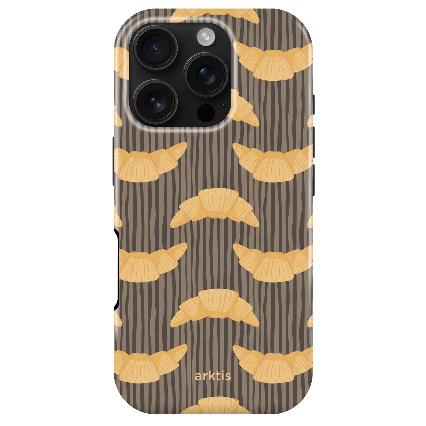 Die arktis iPhone 16 Pro Hülle - French Breakfast zeigt ein Croissant-Muster auf dunkel gestreiftem Hintergrund, ist aus stoßabsorbierendem TPU-Silikon gefertigt, MagSafe-kompatibel und mit dem arktis-Logo an der Unterseite versehen.