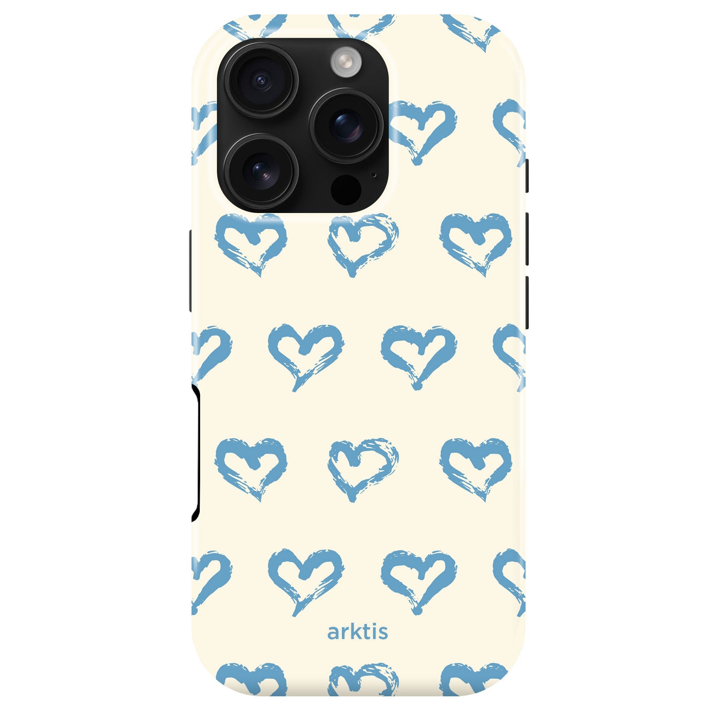 Die arktis iPhone 16 Pro Hülle - Blue Hearts ist MagSafe-kompatibel und stoßfest, zeigt blaue handgezeichnete Herzen auf cremefarbenem Hintergrund und trägt das arktis Logo am unteren Rand.