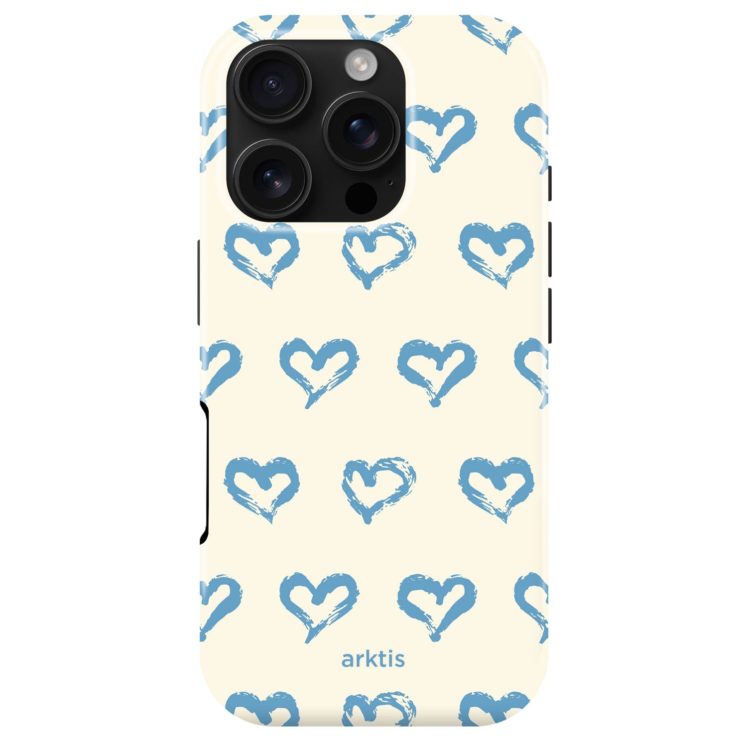 Die arktis iPhone 16 Pro Max Hülle - Blue Hearts zeigt handgezeichnete blaue Herzen auf Creme, das arktis Logo an der Unterseite, ist aus stoßabsorbierendem TPU-Silikon und ist MagSafe-kompatibel für optimalen Schutz und Komfort.