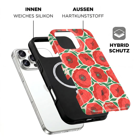Explosionszeichnung der arktis iPhone 16 Pro Max Hülle - Summer Garden, mit einer inneren stoßabsorbierenden TPU-Silikonschicht und einer harten Außenhülle, MagSafe-kompatibel, dargestellt neben einem Smartphone.