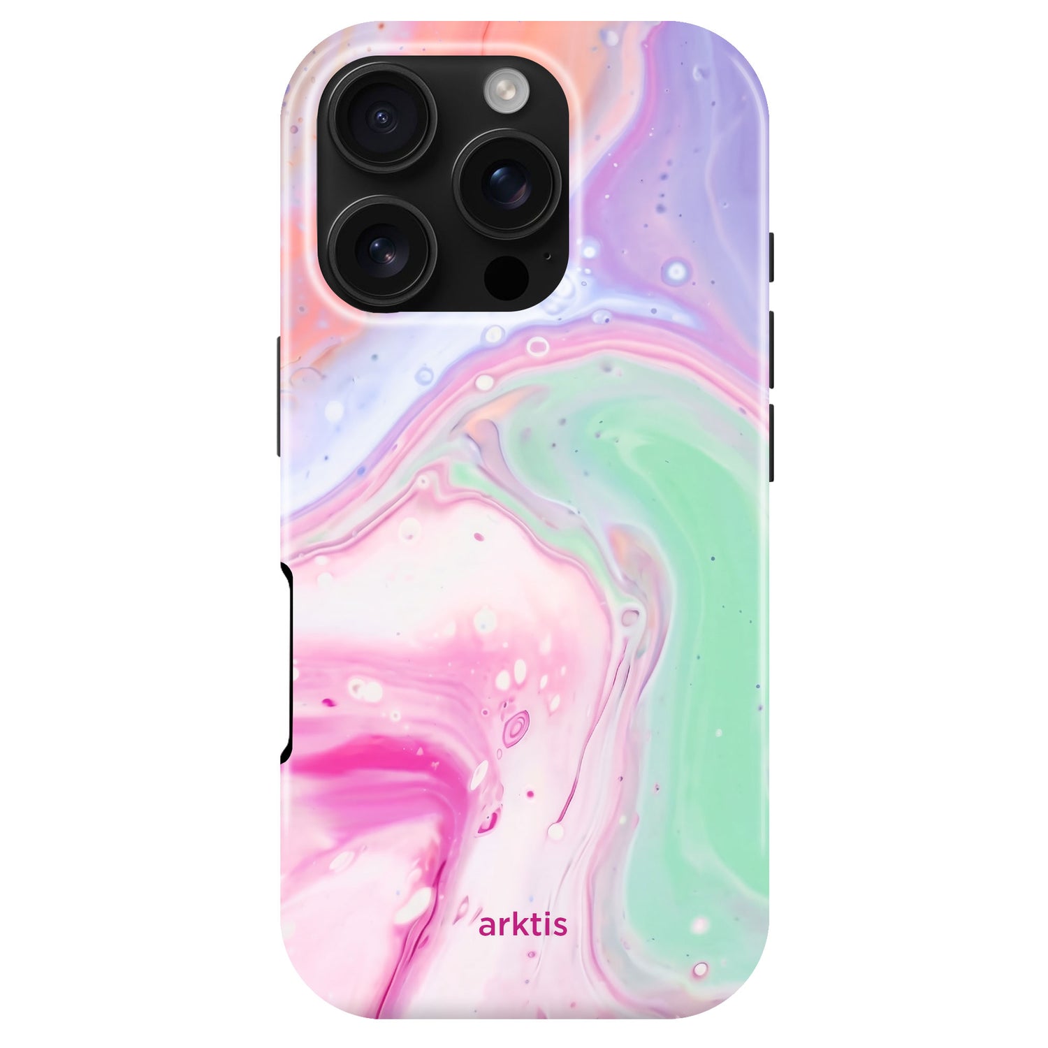 Arktis iPhone 16 Pro Hülle - Neo Marble: Pastellfarbenes Wirbeldesign in Pink, Grün und Lila, stoßabsorbierendes TPU-Silikon, MagSafe kompatibel. Dezentes arktis Logo am unteren Rand.