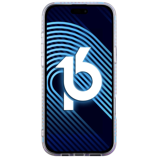 Ein Smartphone mit einer stilisierten 16 und blauen geschwungenen Linien auf dunklem Hintergrund, die die arktis iPhone 16 Hülle „Pearl“ von arktis hervorheben.