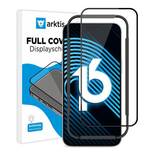 Zwei arktis iPhone 16 Plus Displayschutz GLAS Displayschutzfolien vor einem Smartphone, mit als hüllenfreundlich gekennzeichneter Verpackung und aus kratzfestem Glas für optimalen Displayschutz.